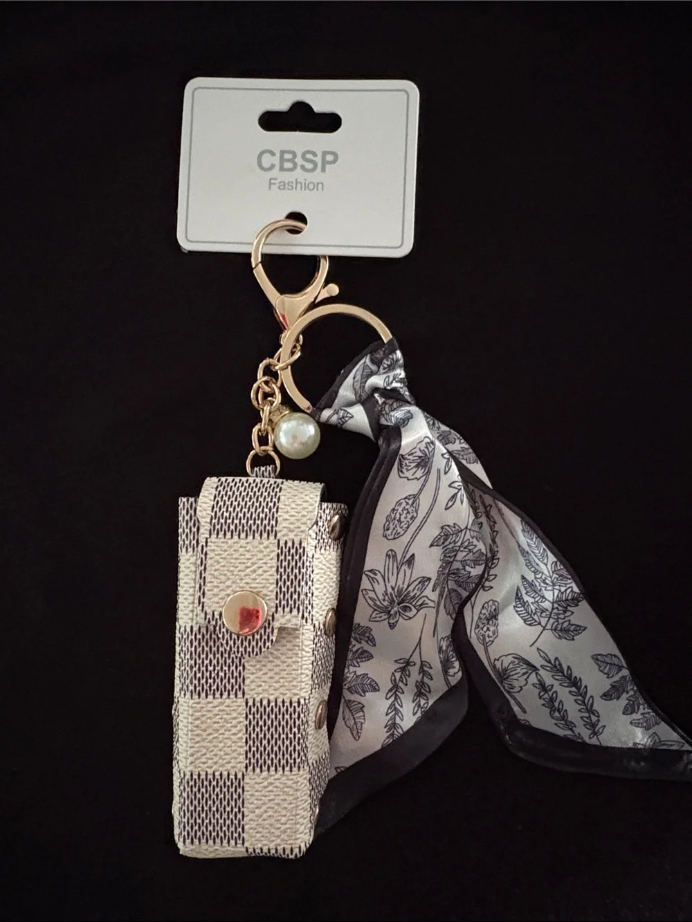 Gold-Tone Fashion Checker Lipstick Holder Keychain Bag Charm with Scarf